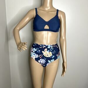 Cupshe Navy Floral Tie High Waist Bikini
